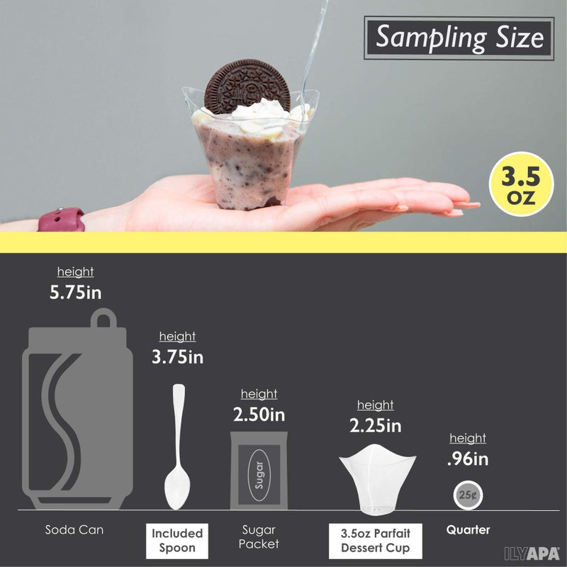 Ilyapa 3.5oz Plastic Dessert Cups - 100 Pack Mini Dessert Cups with Spoons - Clear Reusable Small Appetizer Cup for Cheesecake Shooters, Chocolate Mousse - Party and Catering Supplies - Parfait - Image 5